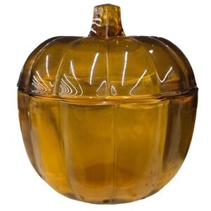 VTG‎ Anchor Hocking Orange Amber Glass Pumpkin Candy Dish + Lid Halloween Fall